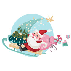 Illustration with a cheerful Santa Claus Illustration of a cheerful Santa Claus riding on a sleigh and holding a Christmas tree and a bag with gifts, cartoon children's style.