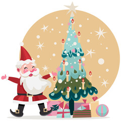 Illustration with a cheerful Santa Claus next to a Christmas tree, cartoon children's style Suitable for children's life things, holidays, postcards. 