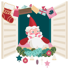 Illustration with a cheerful Santa Claus looking out of the window gifts, garlands, Christmas decorations, cartoon children's style Suitable for children's life things, holidays, postcards. 