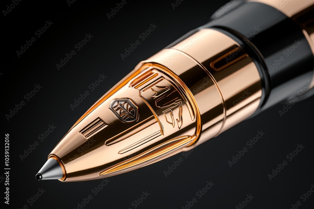 Poster Close-up of a single bullet with a brass casing and precise details, set against a dark background capturing the sleek, metallic surface and craftsmanship, symbolizing strength and precision