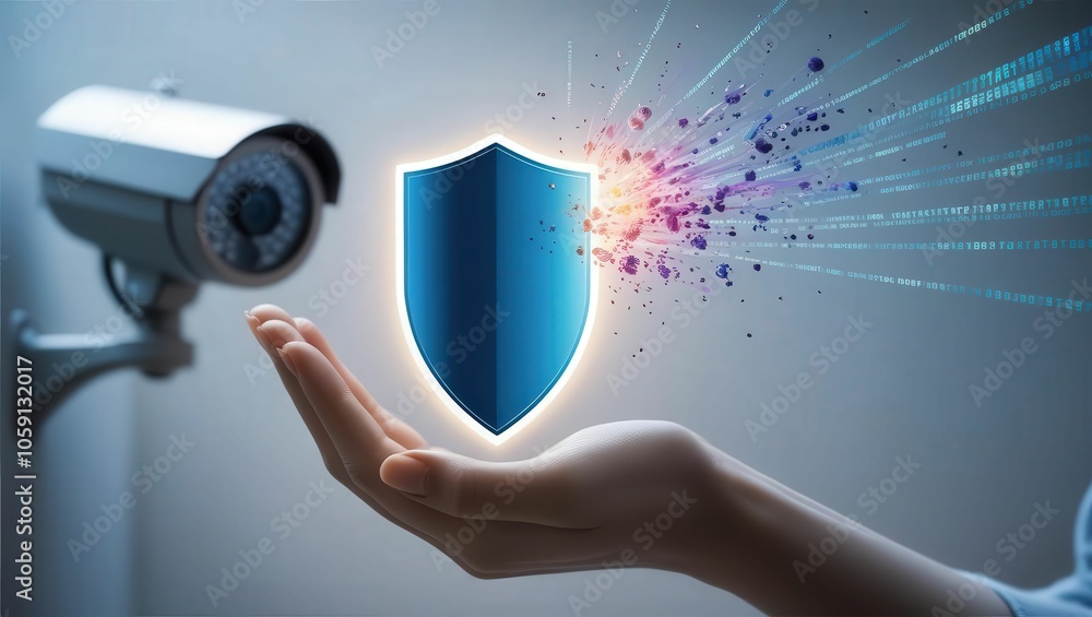 Poster exploring the intersection of technology and security how digital shields and surveillance cameras a