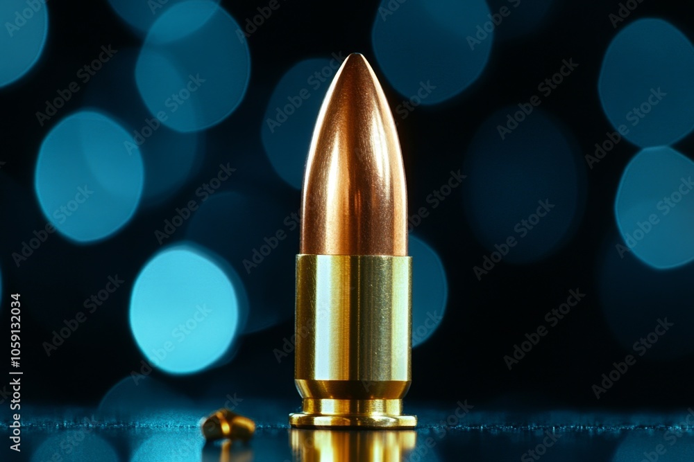 Poster Close-up of a single bullet with a brass casing and precise details, set against a dark background capturing the sleek, metallic surface and craftsmanship, symbolizing strength and precision