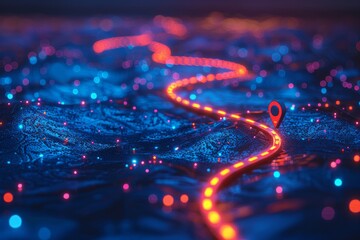 Red glowing line on dark blue background with a red location marker. AI generative. .