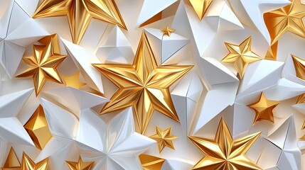 Geometric star shapes in gold and white, arranged in a dynamic pattern on a greeting card, creating a sleek and modern holiday design.