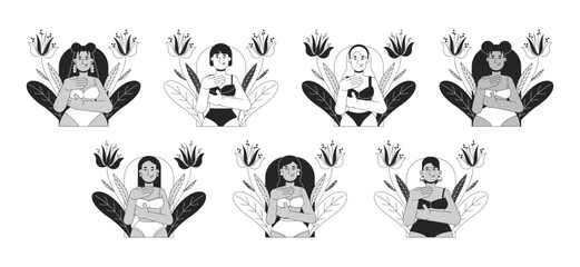 Multiracial women breast cancer self examination black and white 2D concepts set. Females in bra examining herself outline illustration characters isolated. Metaphors monochrome vector collection