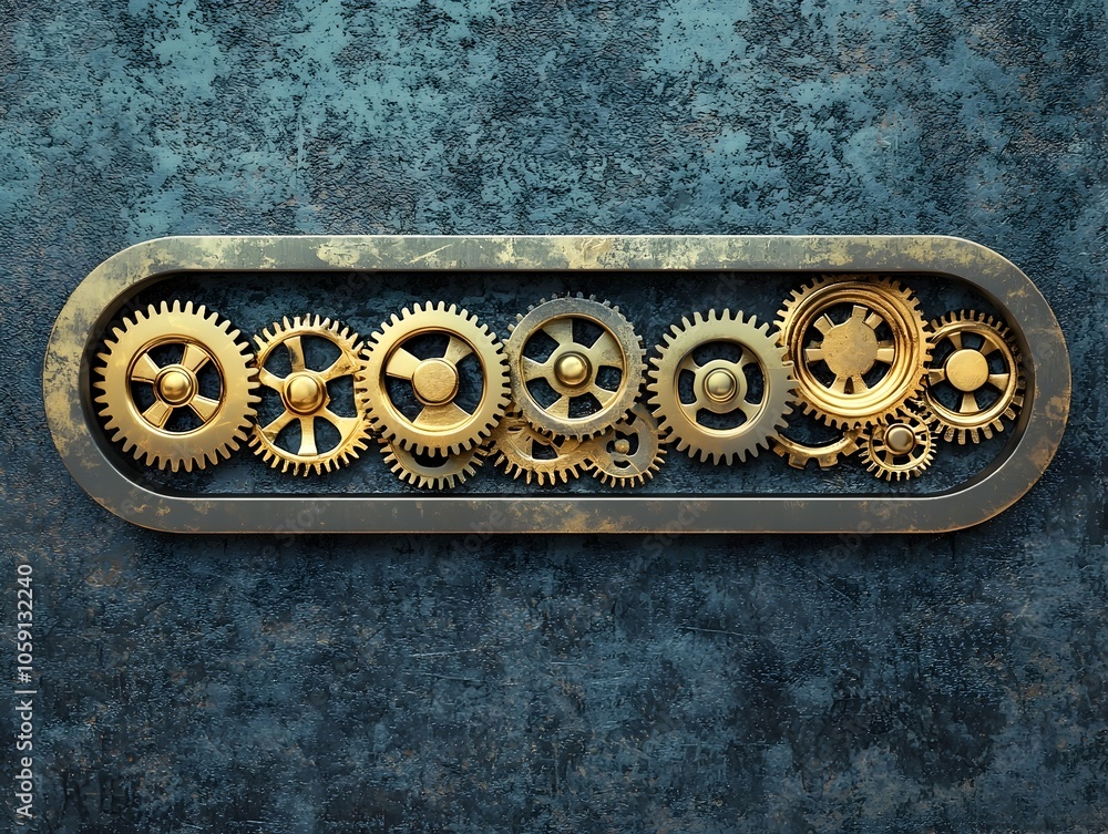 Poster steampunk progress bar with turning gears and cogs mechanical process symbolizing success and buildi