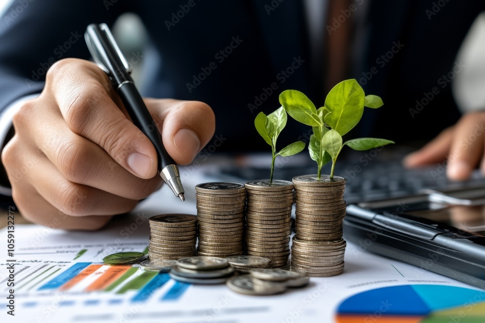 Aufkleber Close-up of investorâ€™s hand signing a bond certificate with interest rates and maturity date, capturing the structured and legally binding nature of bonds, symbolizing formality and precision