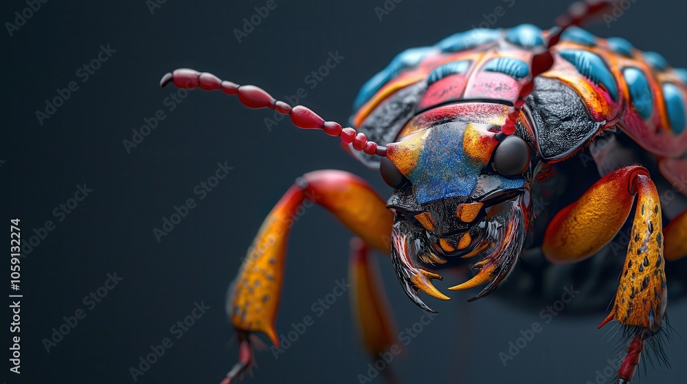 Poster a vibrant and intricately detailed close-up of a colorful insect, showcasing its striking patterns a