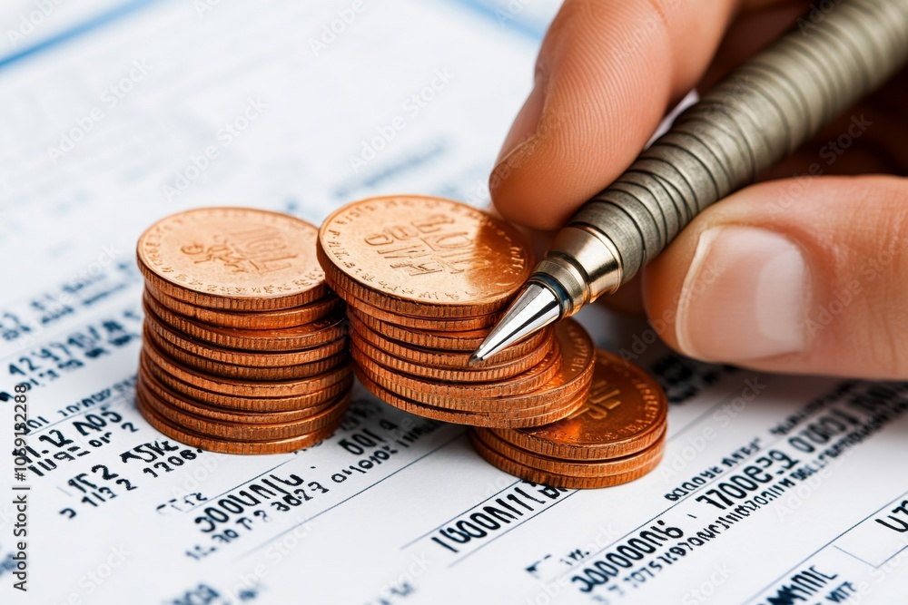 Aufkleber Close-up of investorâ€™s hand signing a bond certificate with interest rates and maturity date, capturing the structured and legally binding nature of bonds, symbolizing formality and precision