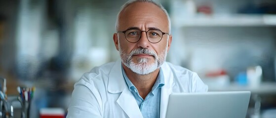 Portrait of senior doctor with laptop sitting at his desk in a medical office engaged in a video consultation for patient diagnosis and care