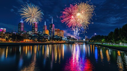 A vibrant display of fireworks exploding in the night sky over a city skyline, with reflections shimmering on the water