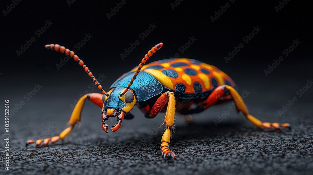 Poster vibrant and colorful insect with intricate patterns and bold colors against a dark background.