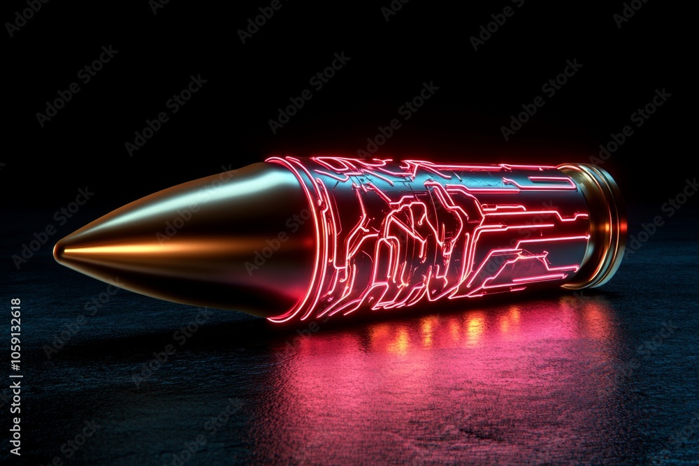 Poster cyberpunk bullet with neon edges and glowing engravings, capturing the futuristic, edgy style of hig