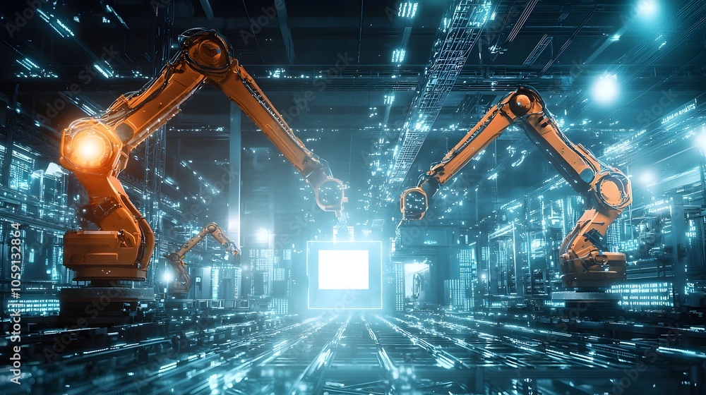 Poster futuristic progress bar with robotic arms building advancing structure