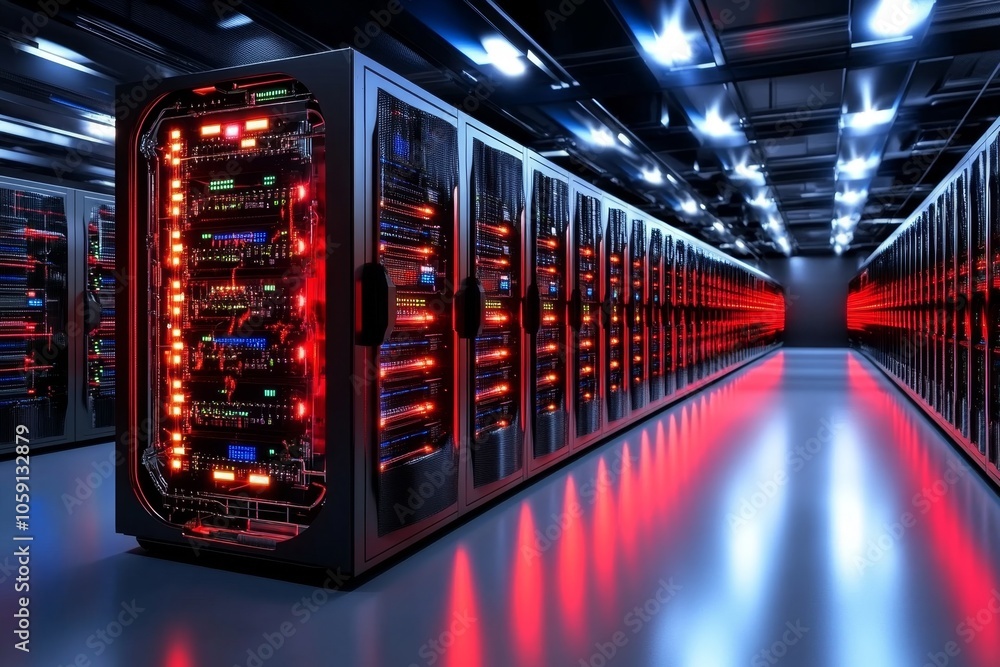 Poster Cyberpunk-style data warehouse with neon-lit layers and holographic screens, capturing the advanced, organized structure of futuristic data storage, symbolizing energy and order