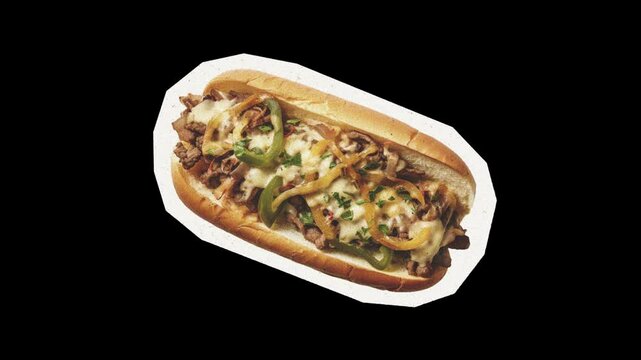 4K Animation of a Philly Cheesesteak in a Collage Art Style Featuring Crumpled Paper Effects