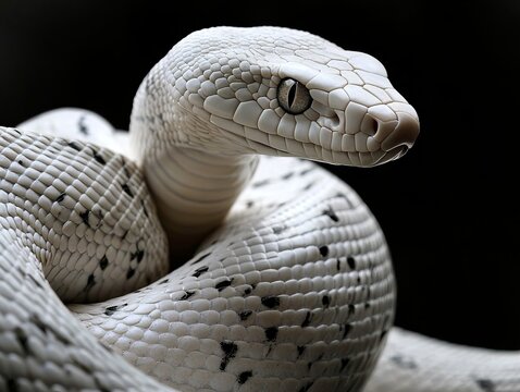 A close up of a white snake on a black background