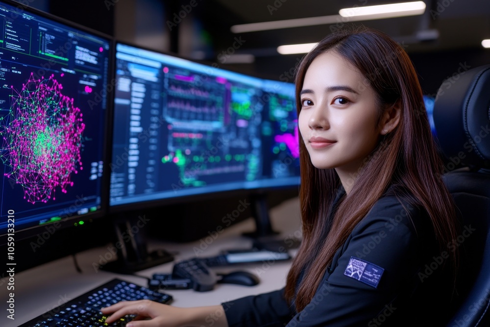 Poster Data scientist in a modern office analyzing a network of digital nodes representing data connections, capturing the complexity of mining relationships within data, symbolizing exploration and