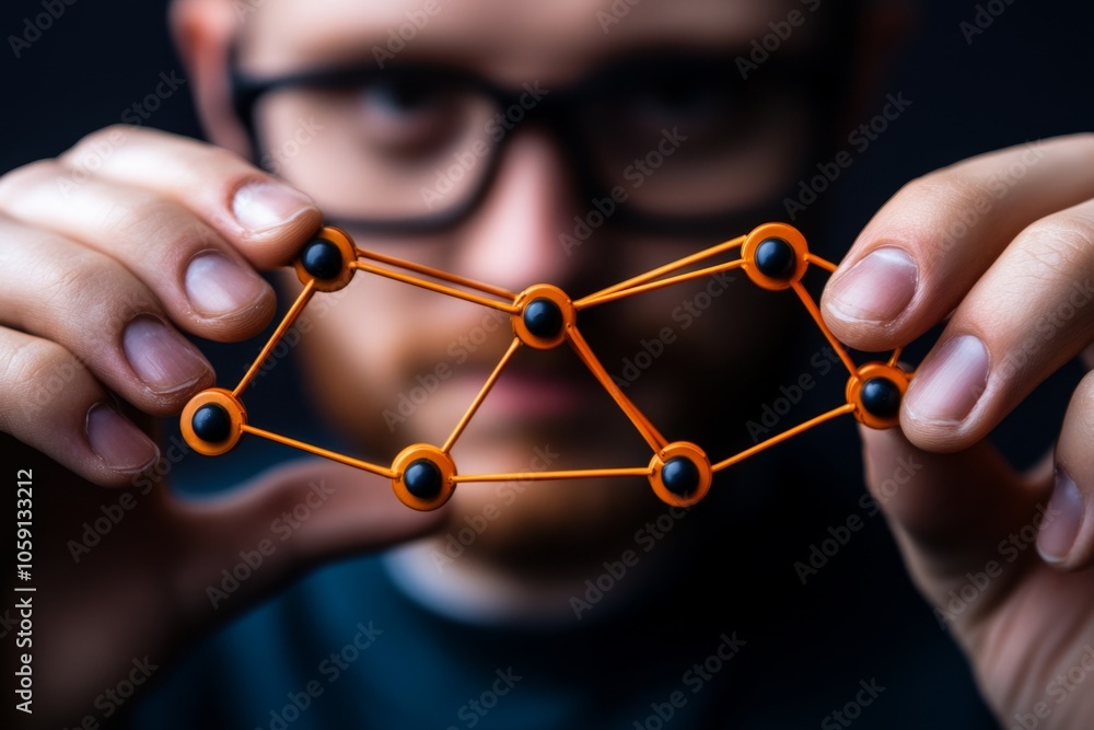 Aufkleber Data scientist in a modern office analyzing a network of digital nodes representing data connections, capturing the complexity of mining relationships within data, symbolizing exploration and