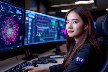 Data scientist in a modern office analyzing a network of digital nodes representing data connections, capturing the complexity of mining relationships within data, symbolizing exploration and