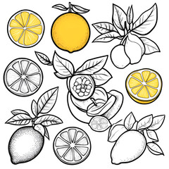 Hand-drawn citrus fruits and leaves illustration in black and white
