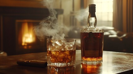 A glass of whiskey with ice sits on a table beside a bottle, surrounded by a cozy, warm atmosphere.