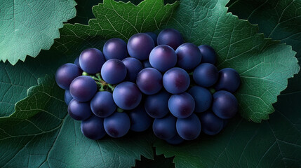 Obraz premium Close-up of a bunch of ripe purple grapes on a bed of vibrant green grape leaves