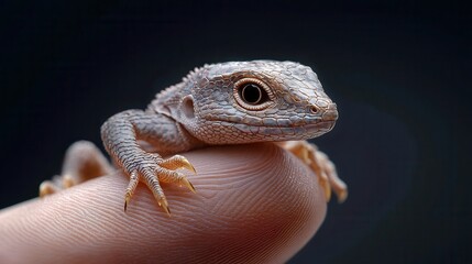 Obraz premium Close-up of a textured lizard perched on a finger, showcasing its delicate features and striking eye detail.