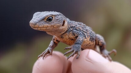 A close-up of a small lizard being held gently in a person's hand, showcasing its textured skin and curious expression.