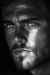 Fototapeta premium Beautiful young man portrait in shadow near window