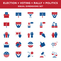 Two Color Political Election and Voting Icons Set with equal size dimensions and line widths in Vector Format