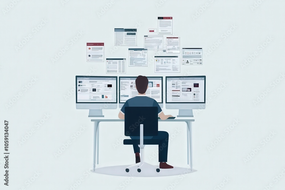 Aufkleber modern character working at multiple monitors in office