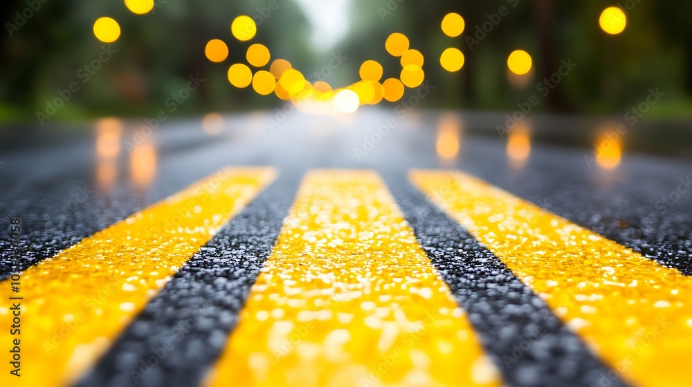 Poster wet asphalt road with yellow lines clean blank canvas with empty space for designs