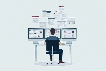 Modern Character Working at Multiple Monitors in Office