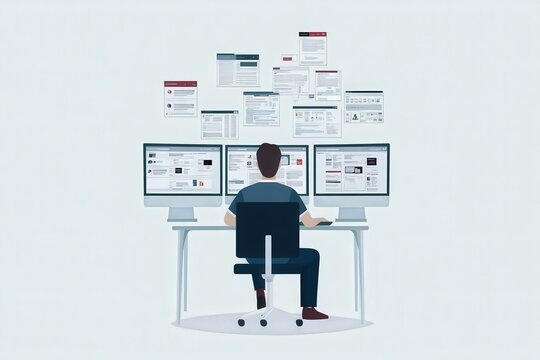 Modern Character Working at Multiple Monitors in Office