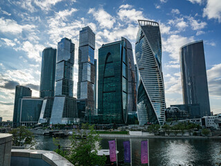 view of the skyscrapers of Moscow City at dusk