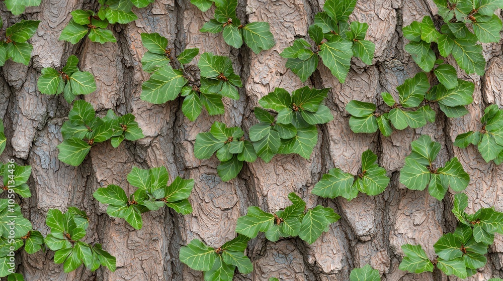 Poster Close-up of a textured tree trunk adorned with vibrant green leaves creating a natural pattern.