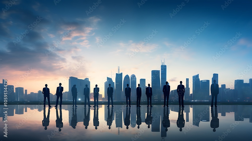 Poster silhouettes of businessmen in a cityscape subtle blur background with space for custom text