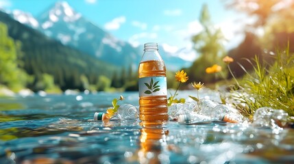 Plastic bottles floating on a polluted river symbolizing the urgent environmental crisis caused by water pollution and the need for sustainable waste management solutions