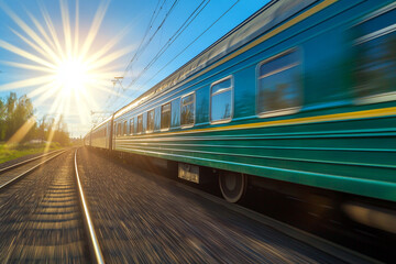 Naklejka premium A green and blue train is moving rapidly on the railway, with a motion blur effect.