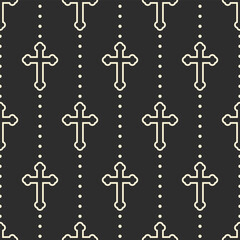 White christian outline crosses on black dotted background. Vector seamless pattern.