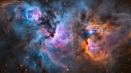 Fototapeta premium An artistic interpretation of a cosmic nebula, showcasing swirling clouds of gas and dust in brilliant hues of blue, pink, and purple, with stars forming within.