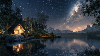 Fototapeta premium An artistic interpretation of a starry night in a tranquil landscape, featuring a calm lake reflecting the stars above and a cozy cabin illuminated by warm light.