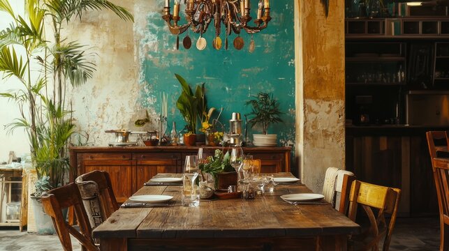 An eclectic dining area showcasing a mix of vintage and contemporary furniture, with a bold statement chandelier hanging above a rustic wooden table set for dinner.