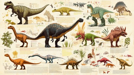 An educational infographic displaying different types of dinosaurs, their sizes, and habitats, with fun facts and illustrations appealing to children and dinosaur enthusiasts.