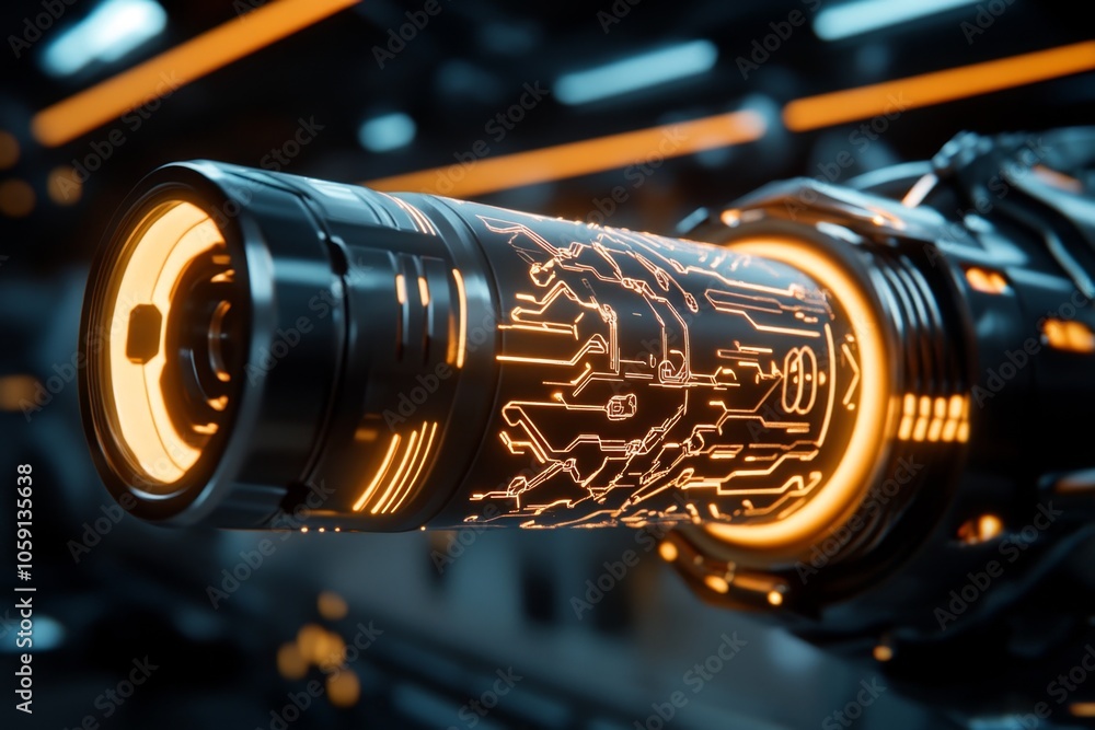 Poster futuristic bullet design with neon accents and metallic casing, capturing the high-tech look of futu