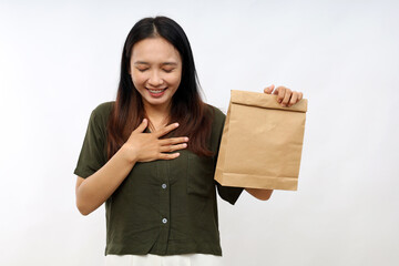 Pretty woman laughing out loud at some hilarious joke. delivery and take away concept