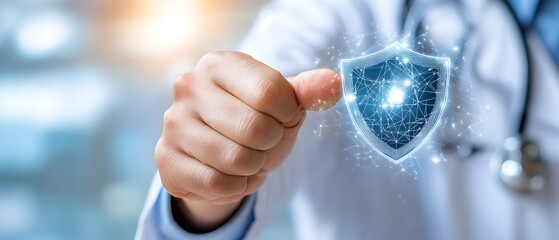 Close up of a person s fingertip pressing a holographic medical shield icon representing innovative healthcare protection and treatment services