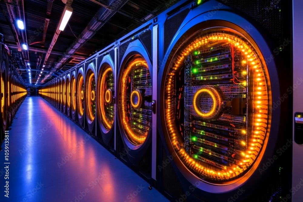 Aufkleber Futuristic server room with neon colors and structured, digital layers, symbolizing the high-tech organization of data warehousing in a cyberpunk world, symbolizing structure and tech