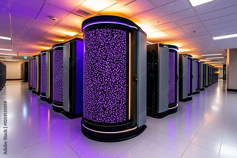 Aufkleber Futuristic server room with neon colors and structured, digital layers, symbolizing the high-tech organization of data warehousing in a cyberpunk world, symbolizing structure and tech